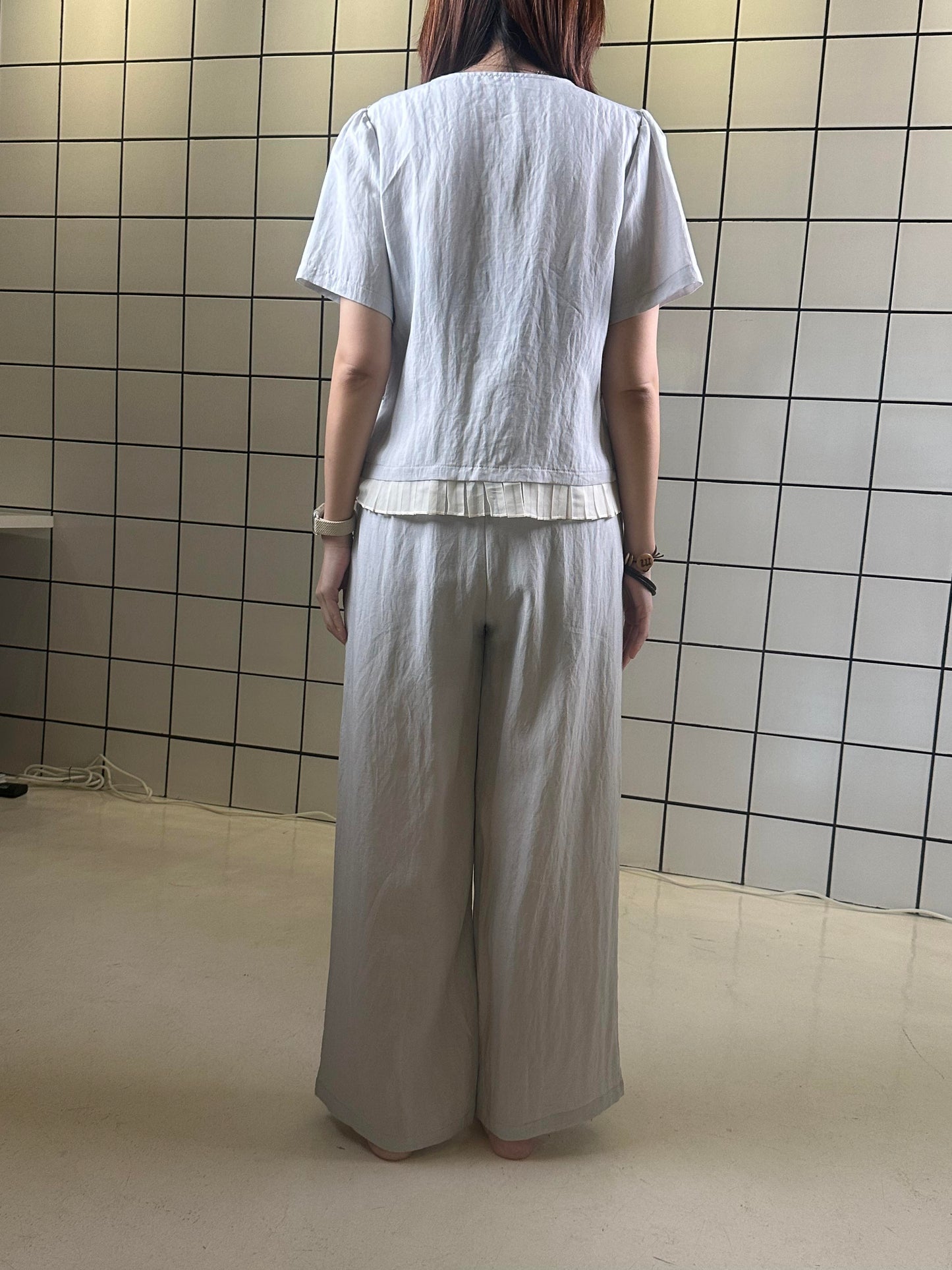 Women's Light Blue Short Sleeve Top & Wide-Leg Pants Set with Belt