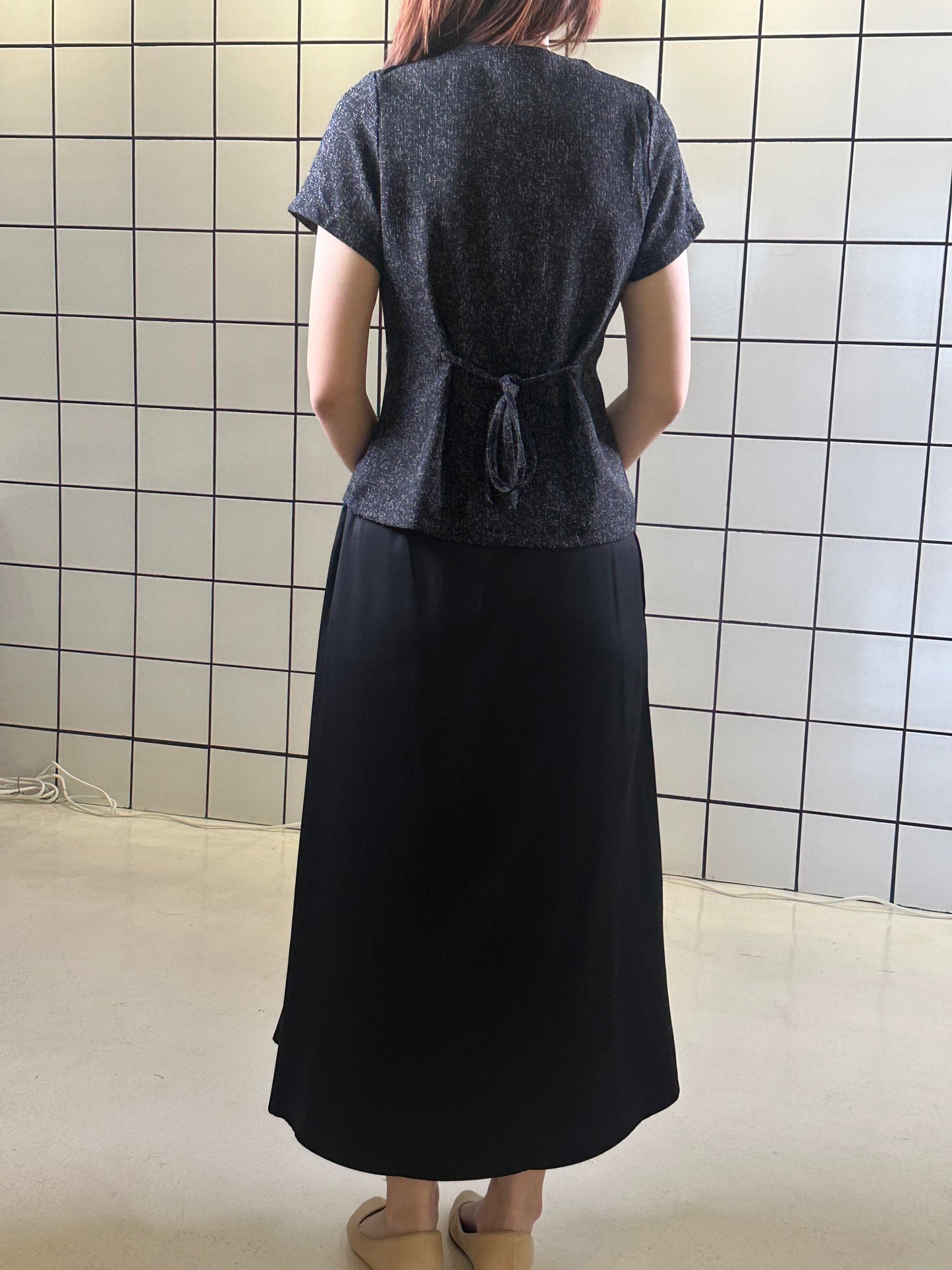 Women's Short-Sleeve Structured Top & A-Line Midi Skirt Set