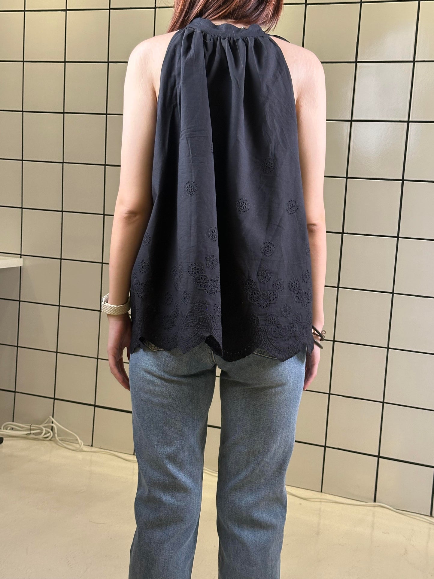 Women's Halter Neck Eyelet Embroidered Top – Classic Black