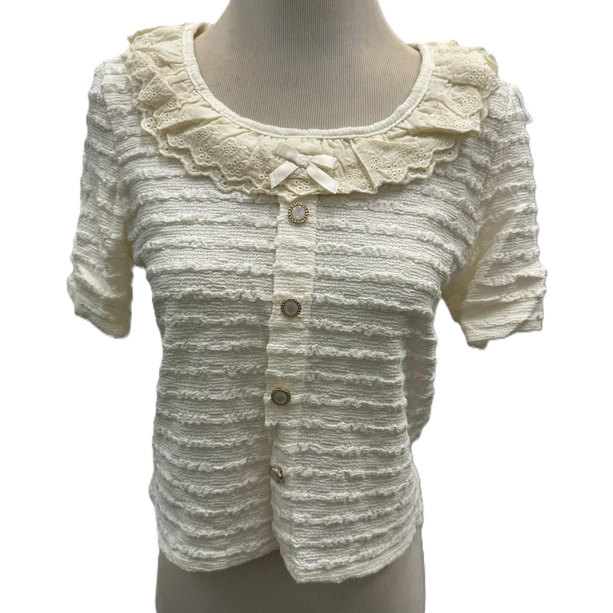 Women's Textured Lace Ruffle Neck Short Sleeve Top