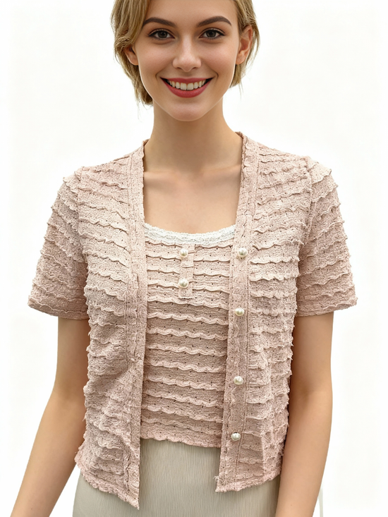 Women’s Textured 2-Piece Set – Pearl Button Outer & Knit Cami (Blush Pink) | Lightweight Layer for Singapore & Malaysia