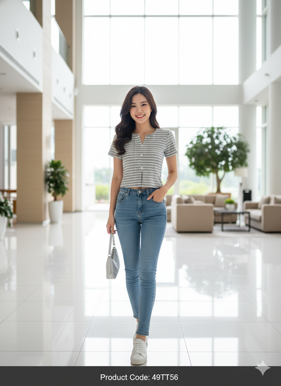 Women's Striped Button Ribbed Tee – Grey White | Stretchy Casual Crop Top Singapore & Malaysia