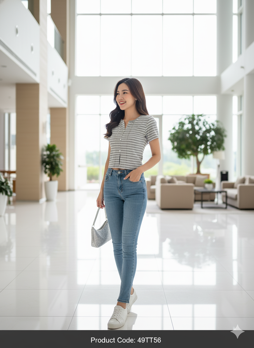 Women's Striped Button Ribbed Tee – Grey White | Stretchy Casual Crop Top Singapore & Malaysia