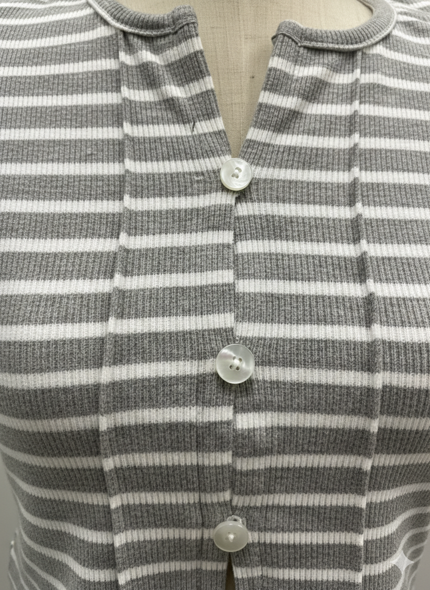 Women's Striped Button Ribbed Tee – Grey White | Stretchy Casual Crop Top Singapore & Malaysia