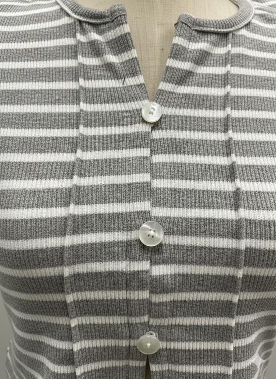 Women's Striped Button Ribbed Tee – Grey White | Stretchy Casual Crop Top Singapore & Malaysia