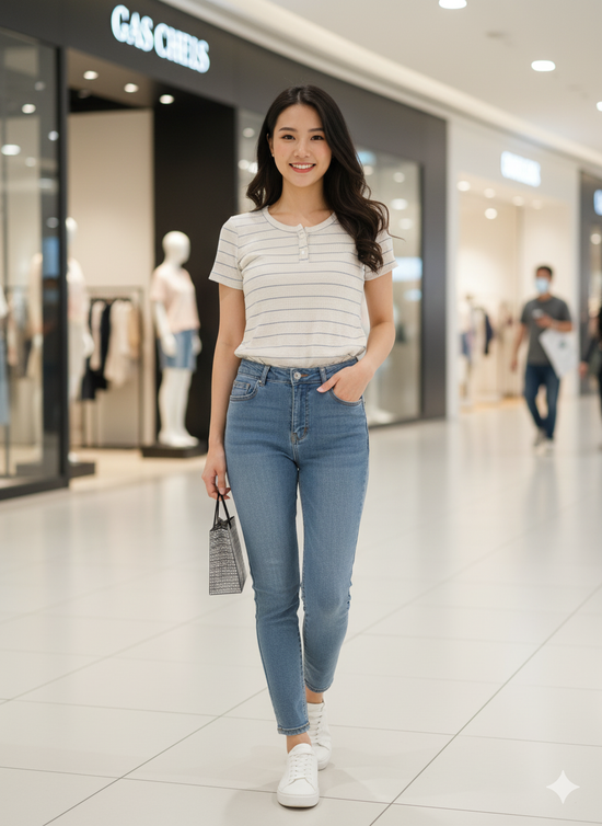 Women's Ribbed Stripe Henley Crop Tee – Beige | Casual Wear