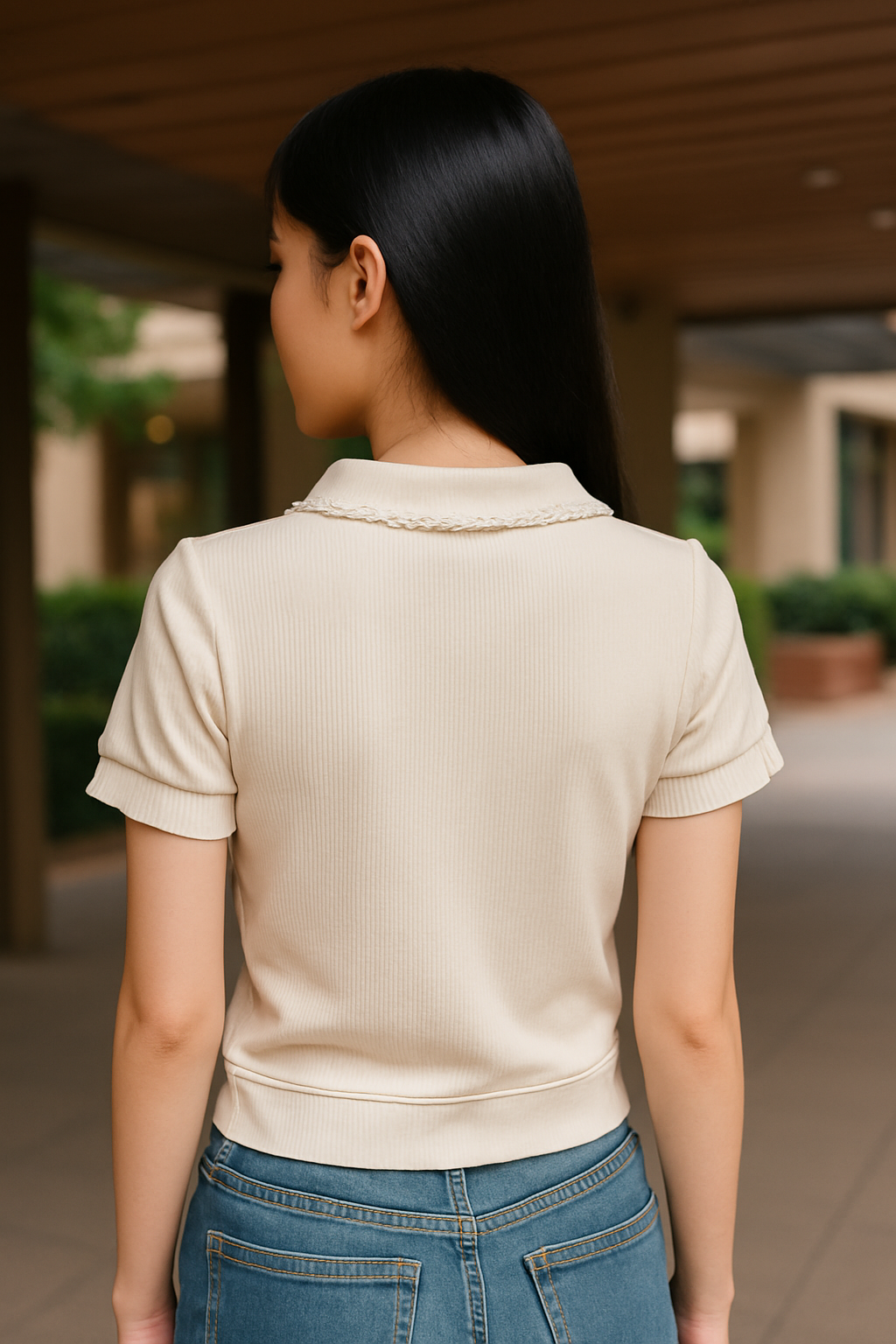 Women's Lace-Collar Ribbed Polo Tee – Beige & White | Singapore & Malaysia