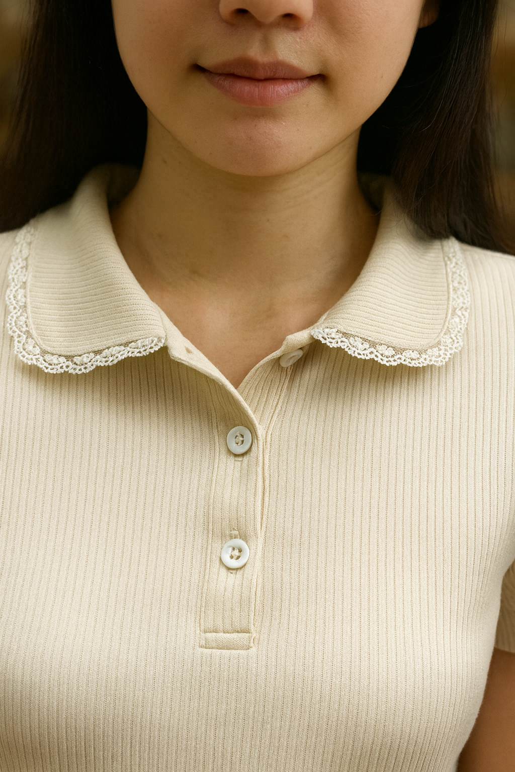 Women's Lace-Collar Ribbed Polo Tee – Beige & White | Singapore & Malaysia