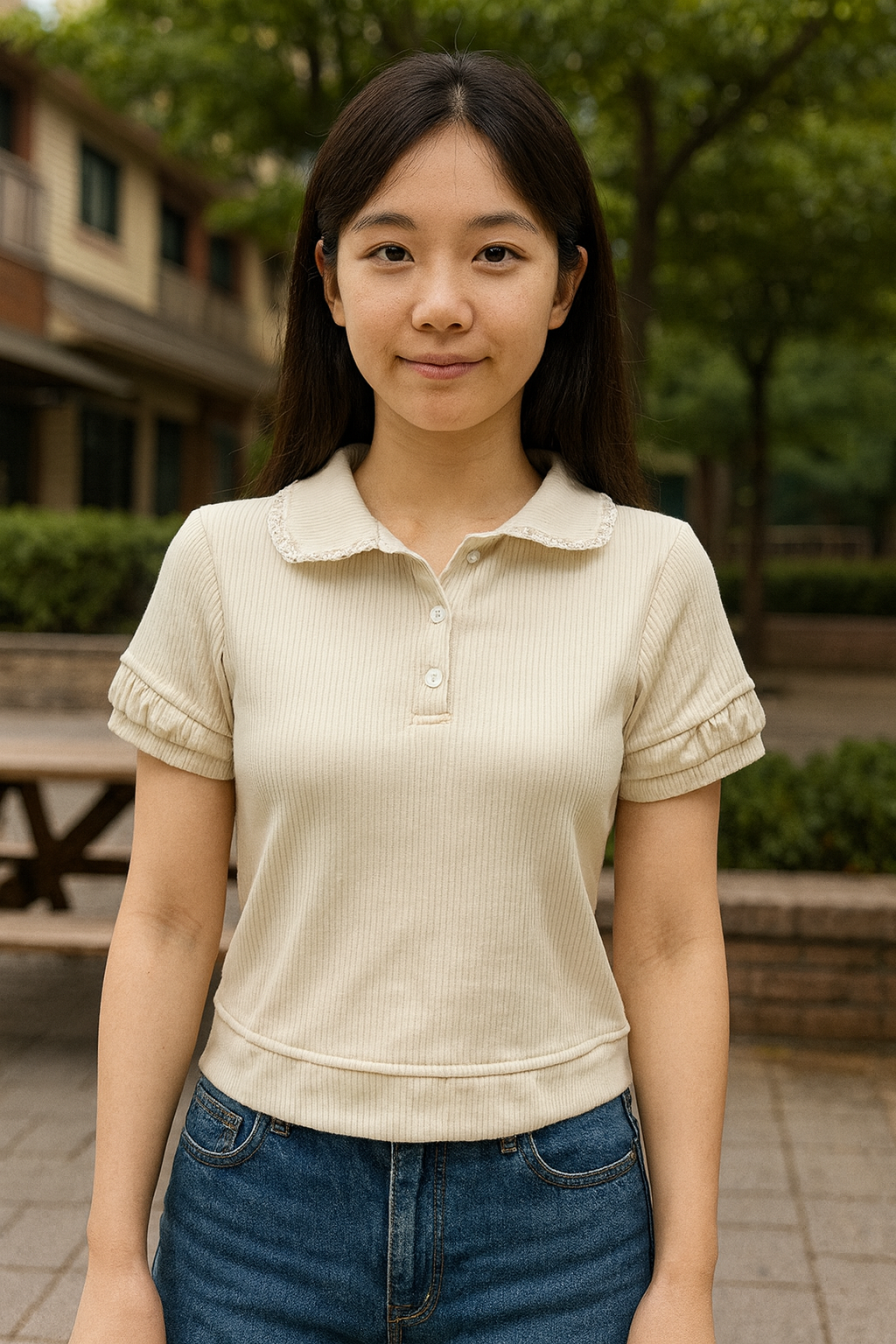 Women's Lace-Collar Ribbed Polo Tee – Beige & White | Singapore & Malaysia