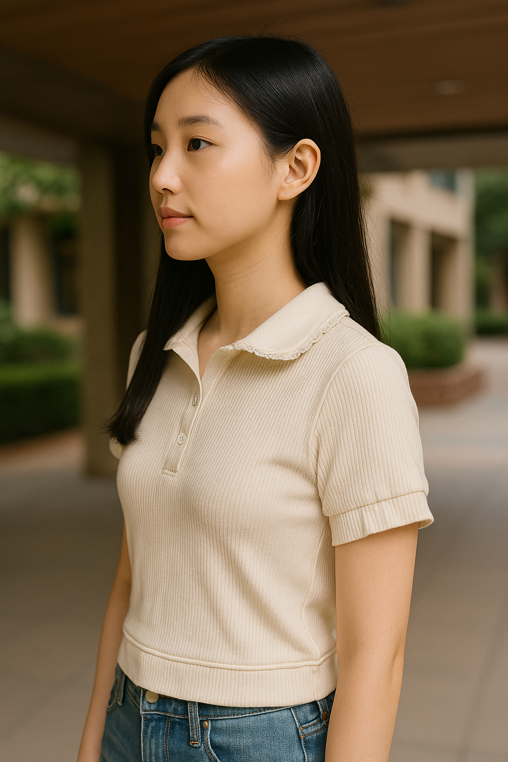 Women's Lace-Collar Ribbed Polo Tee – Beige & White | Singapore & Malaysia