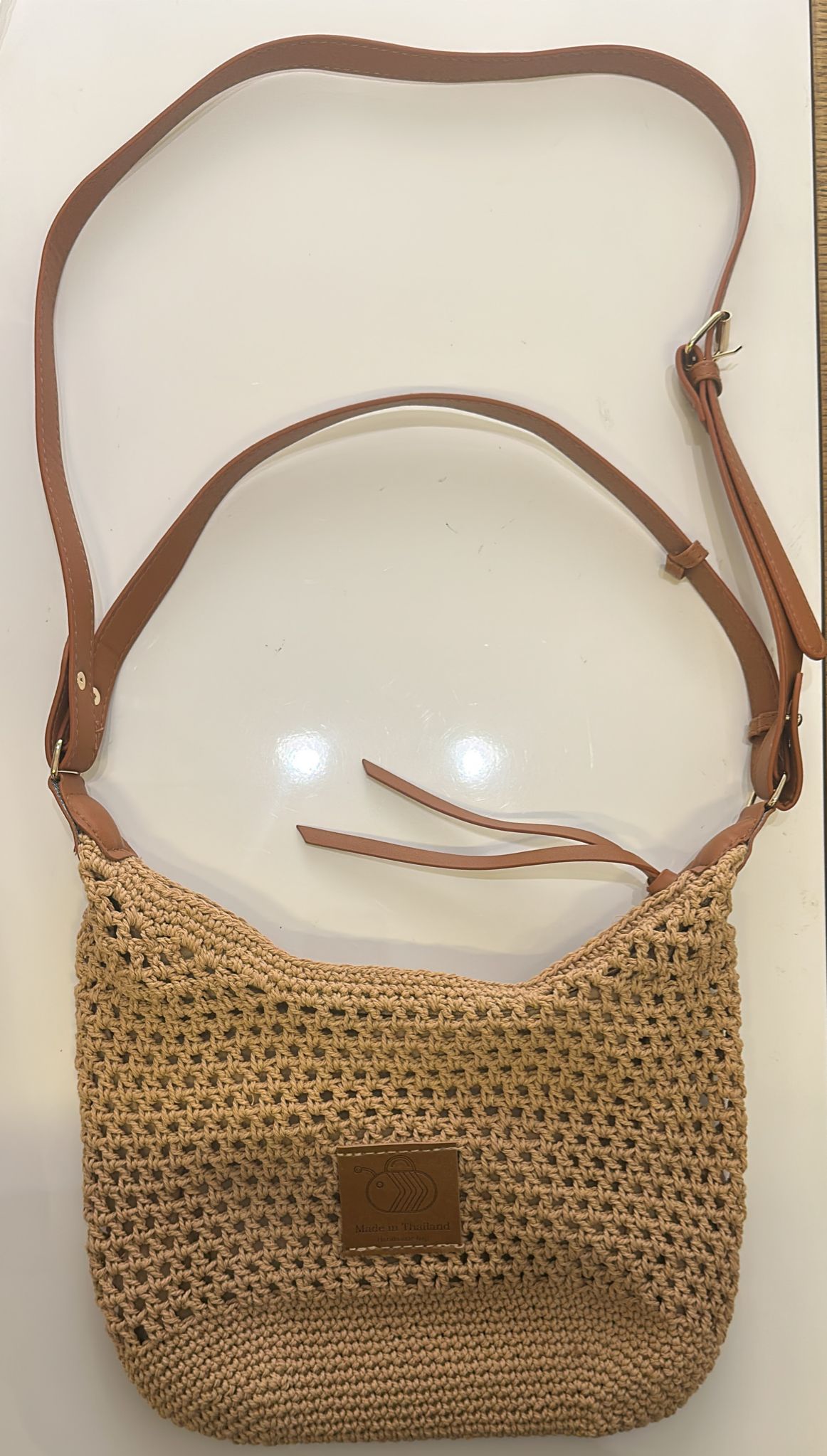 Crochet Shoulder Bag with Leather Strap