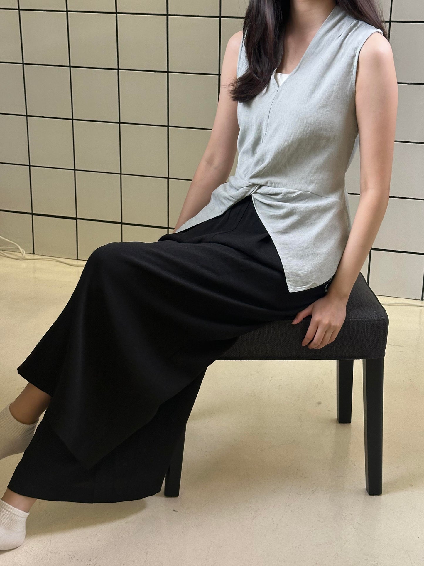 Women's Sleeveless V-Neck Top & Maxi Skirt Set - Light Blue Top & Black Skirt