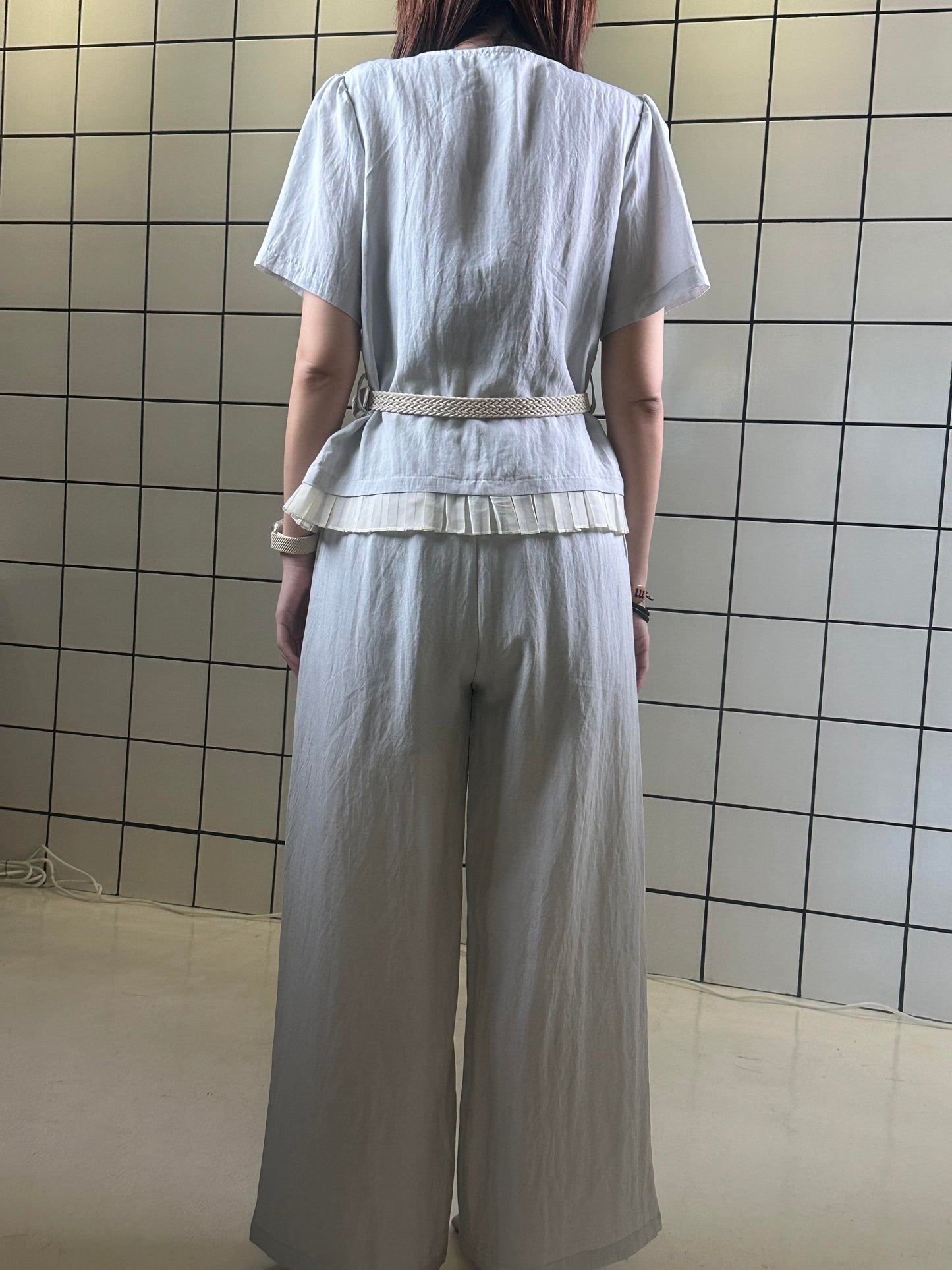 Women's Light Blue Short Sleeve Top & Wide-Leg Pants Set with Belt