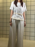 Women's Light Blue Short Sleeve Top & Wide-Leg Pants Set with Belt