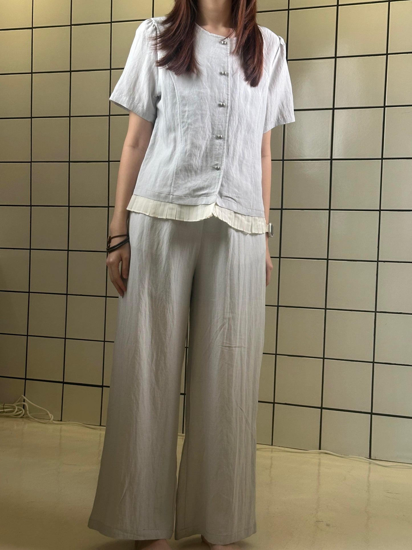 Women's Light Blue Short Sleeve Top & Wide-Leg Pants Set with Belt