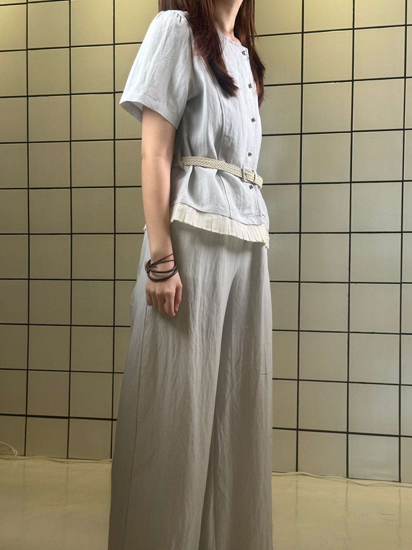 Women's Light Blue Short Sleeve Top & Wide-Leg Pants Set with Belt