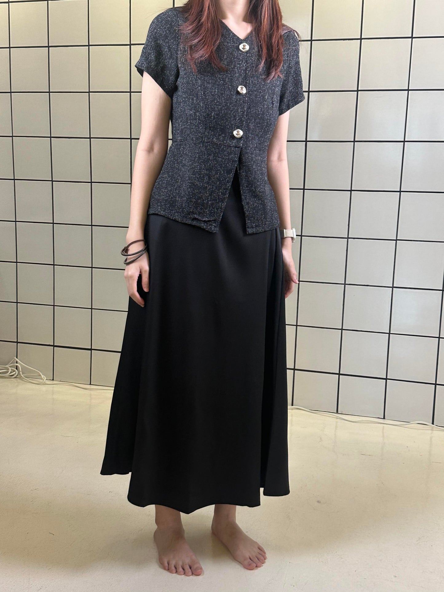 Women's Short-Sleeve Structured Top & A-Line Midi Skirt Set