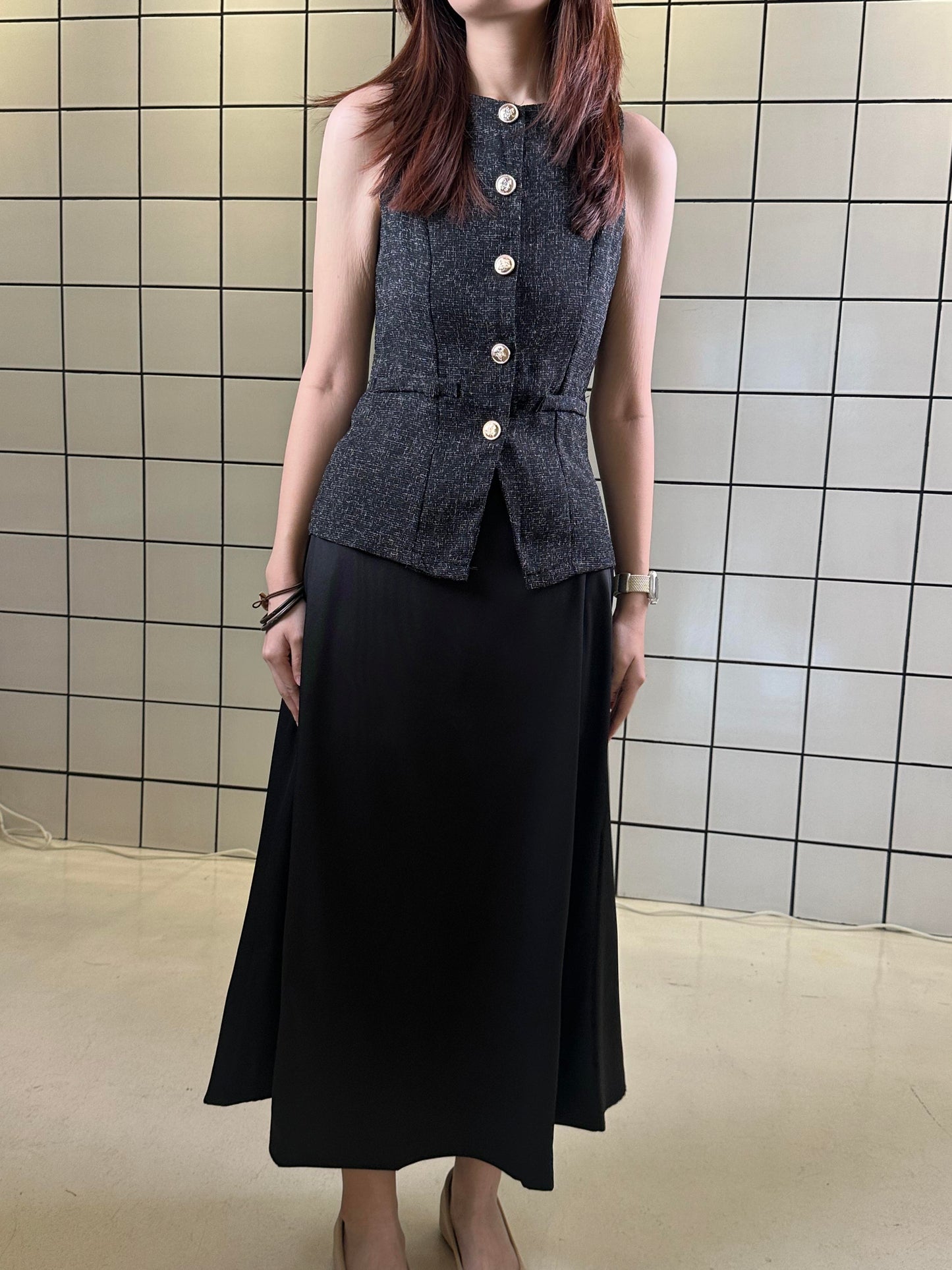 Women's Sleeveless Buttoned Top & Flowy Midi Skirt Set