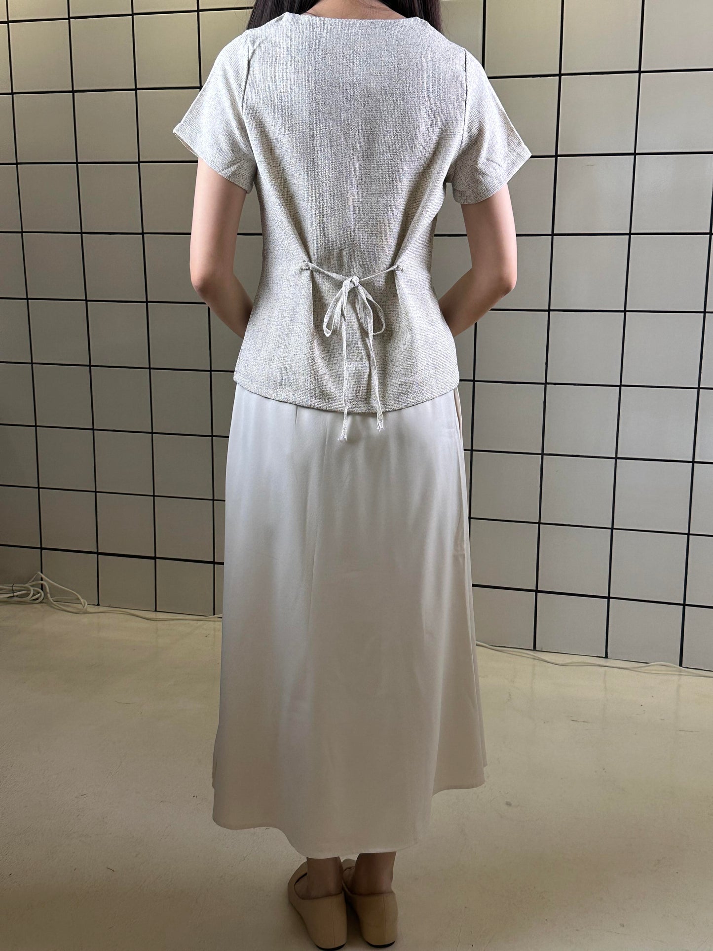 Women's Short-Sleeve Structured Top & A-Line Midi Skirt Set