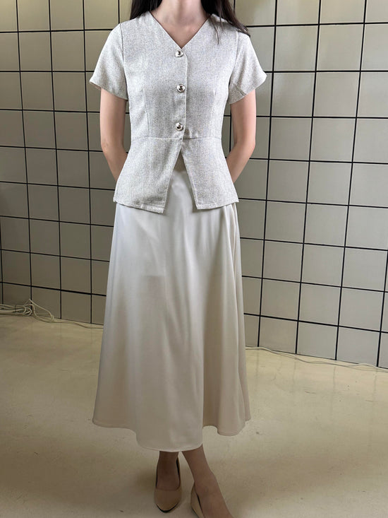 Women's Short-Sleeve Structured Top & A-Line Midi Skirt Set