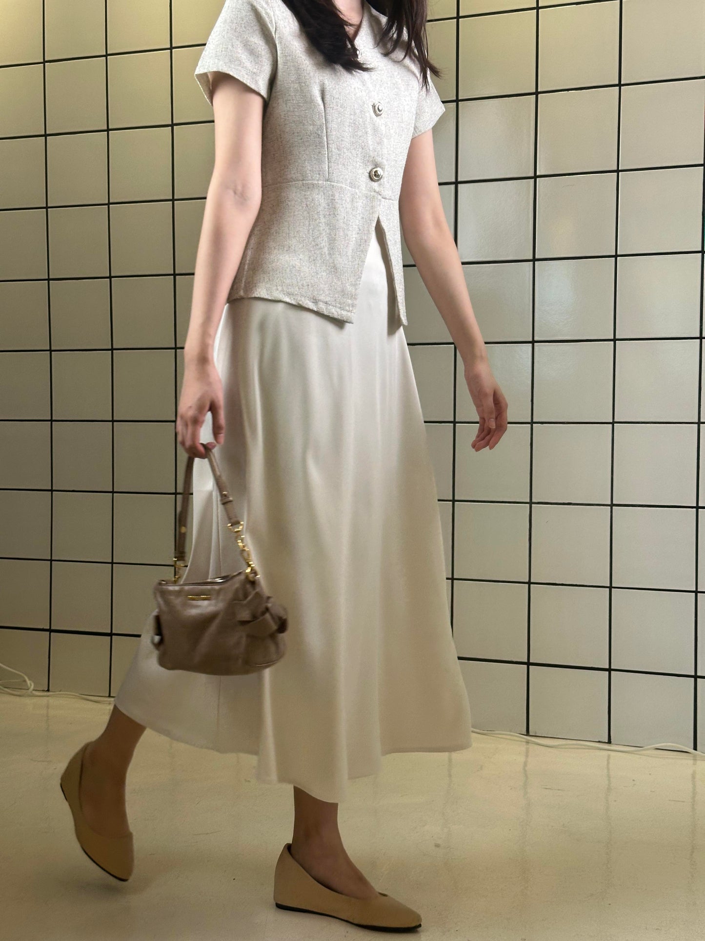 Women's Short-Sleeve Structured Top & A-Line Midi Skirt Set