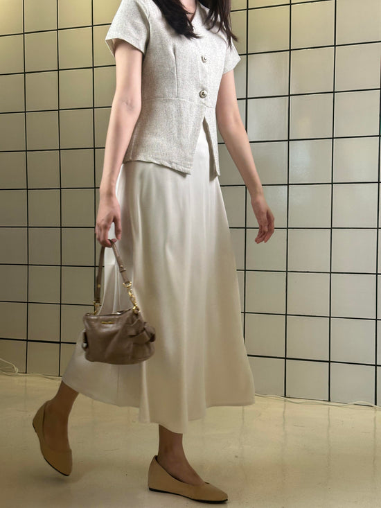 Women's Short-Sleeve Structured Top & A-Line Midi Skirt Set