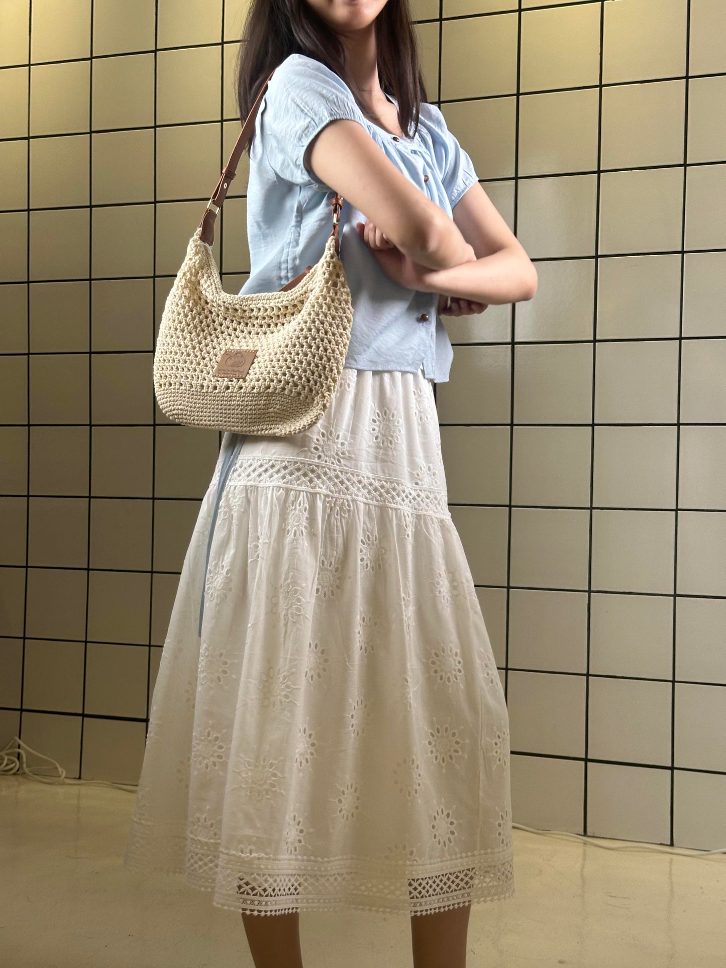 Crochet Shoulder Bag with Leather Strap