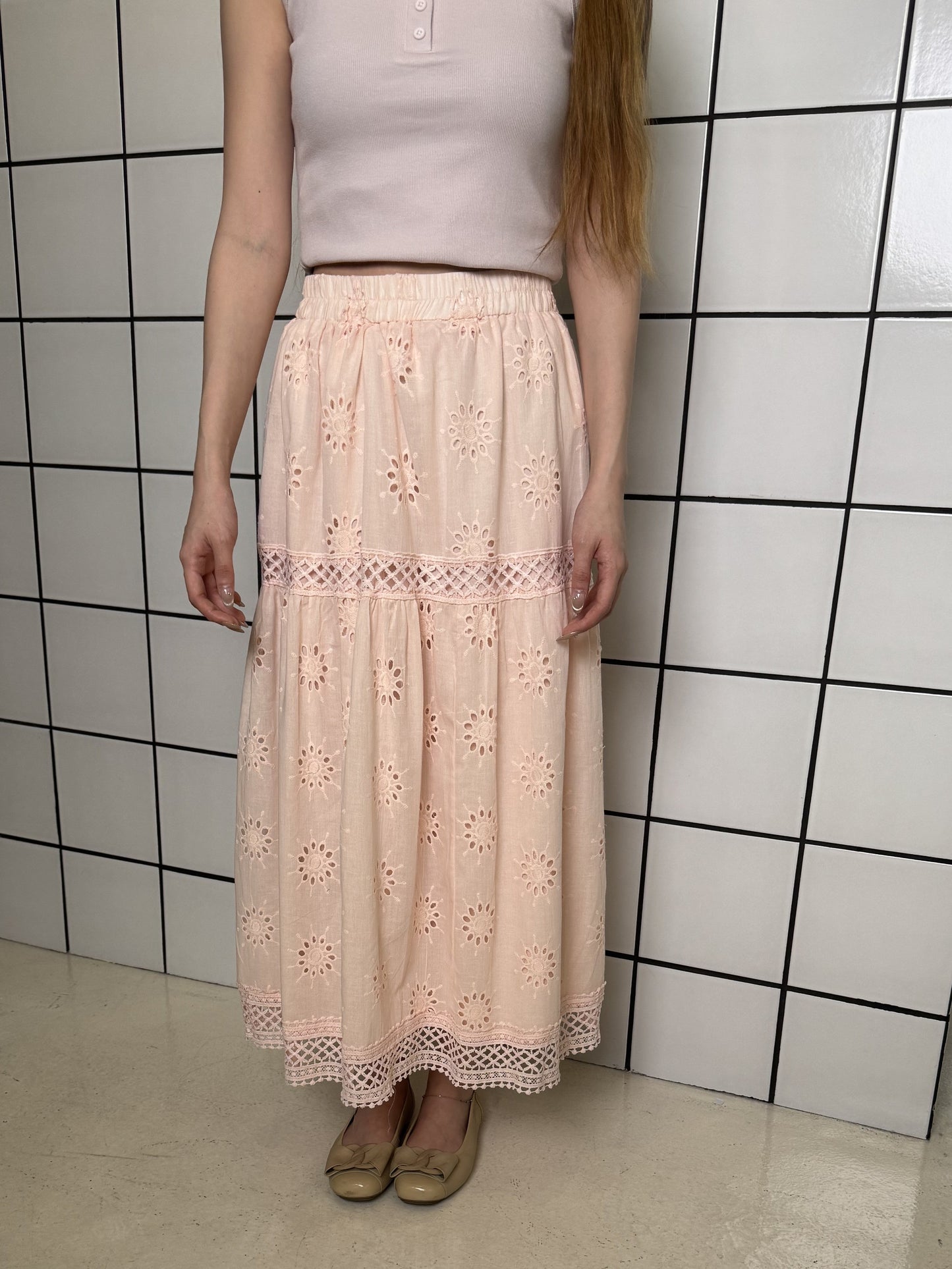 Eyelet Embroidered Tiered Midi Skirt