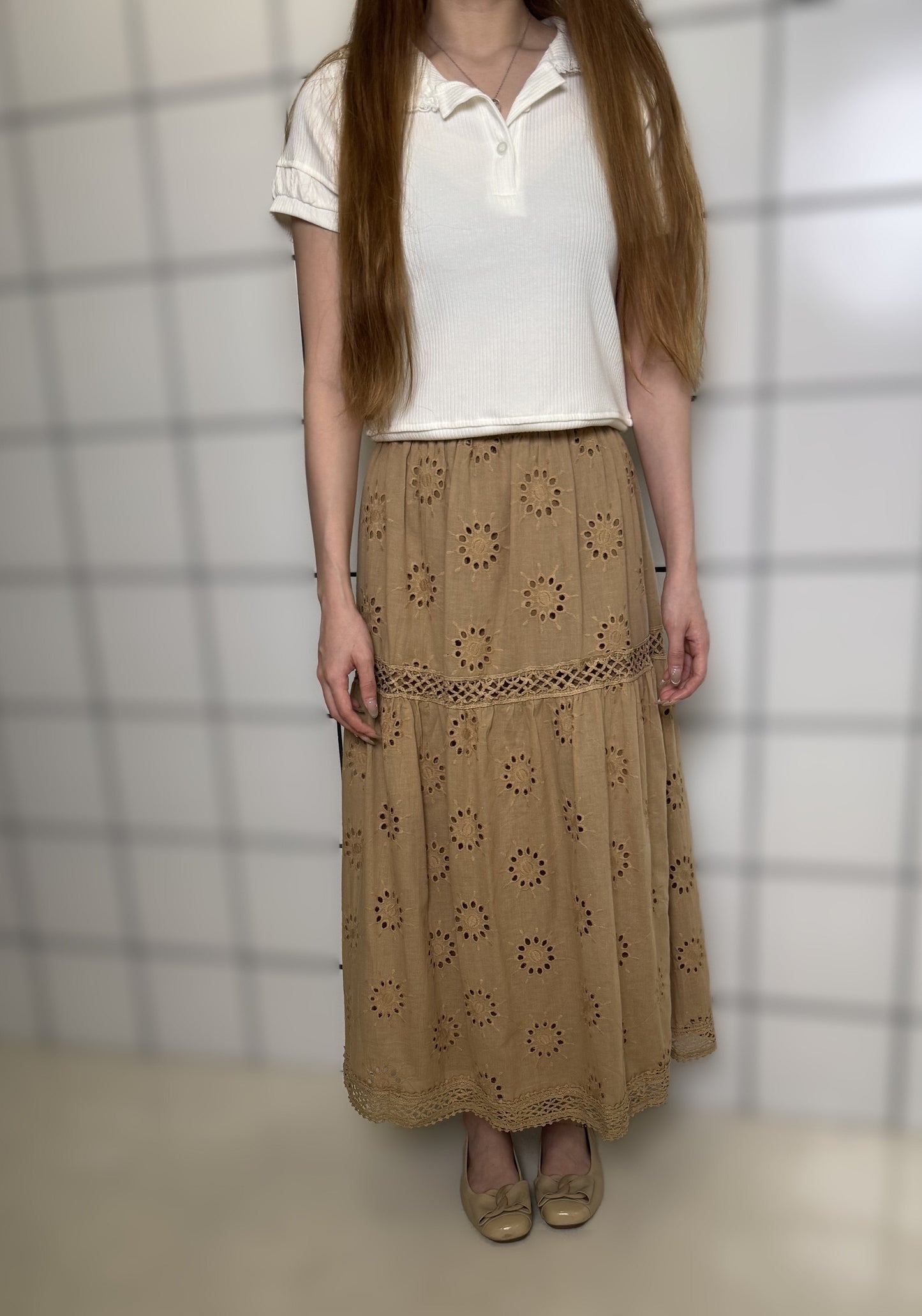 Eyelet Embroidered Tiered Midi Skirt