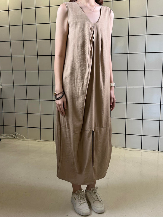 Women's Sleeveless A-Line Midi Dress with Pockets – Camel Tan