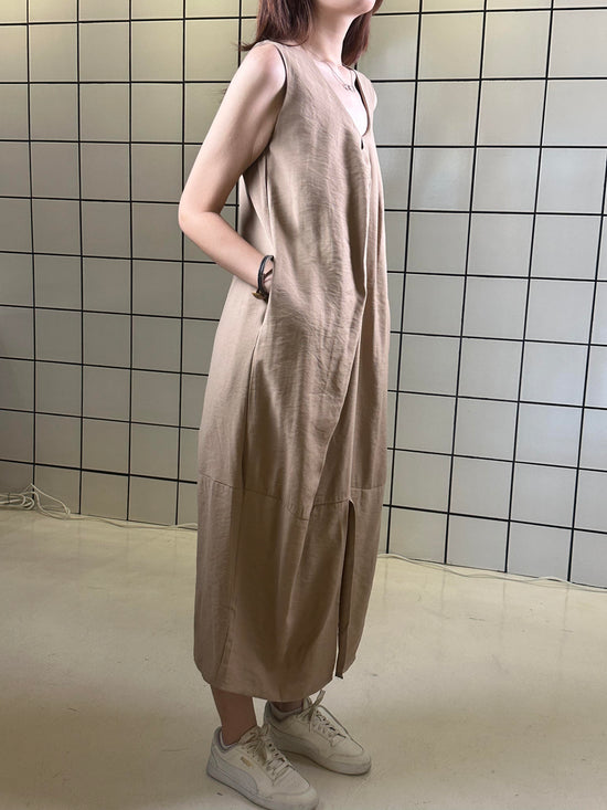 Women's Sleeveless A-Line Midi Dress with Pockets – Camel Tan