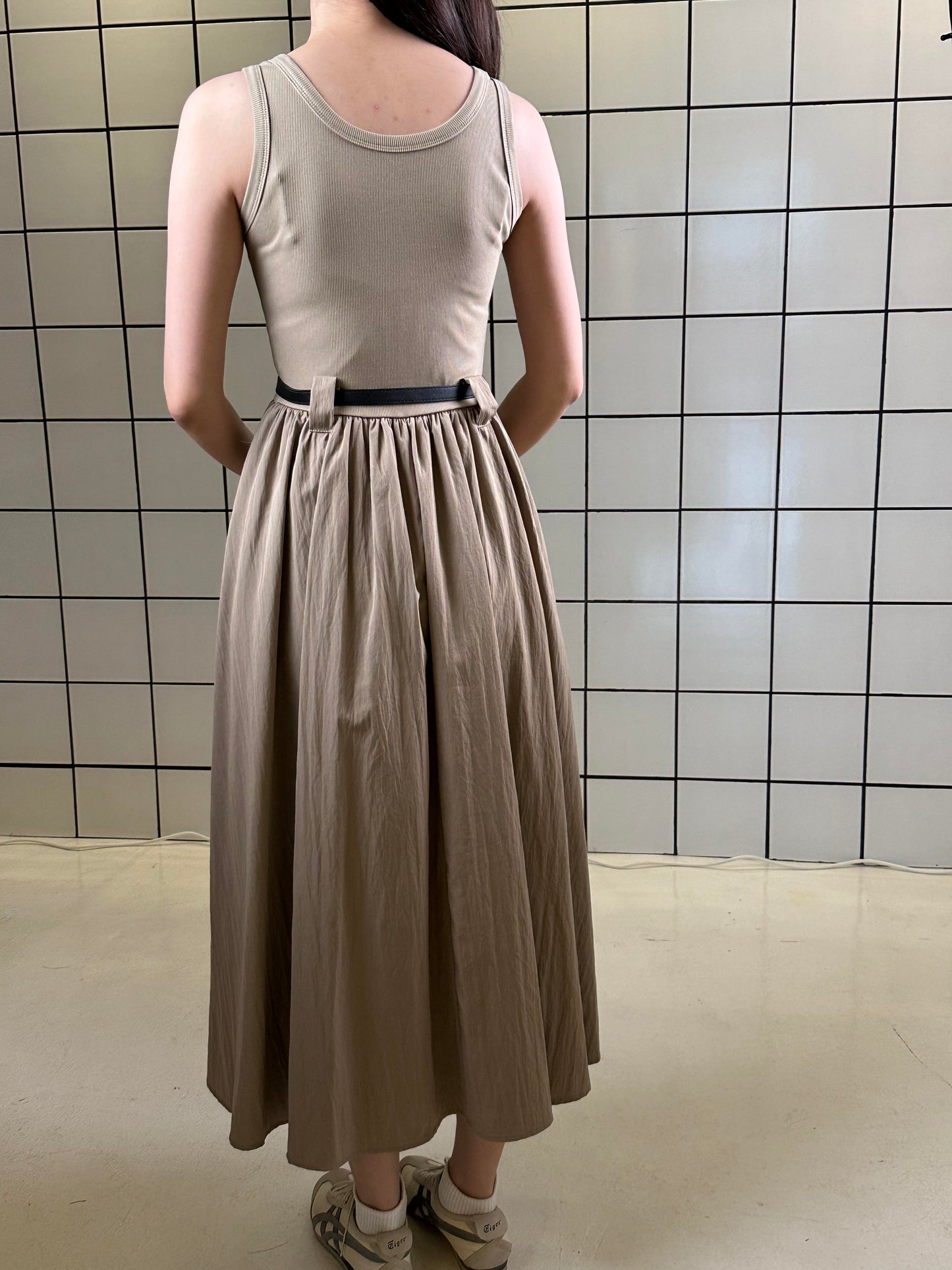 Women's Sleeveless Ribbed Maxi Dress with belt