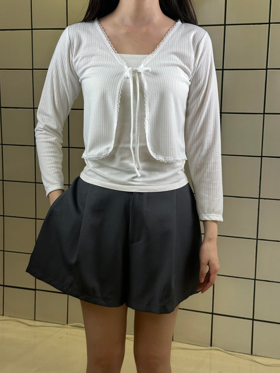 Women's Ribbed Tie-Front Cropped Cardigan Classic White