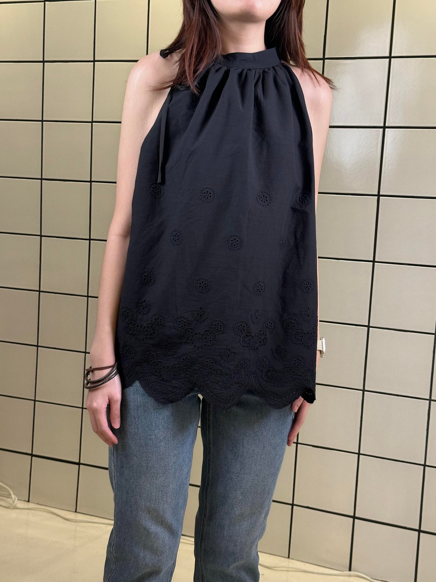 Women's Halter Neck Eyelet Embroidered Top – Classic Black