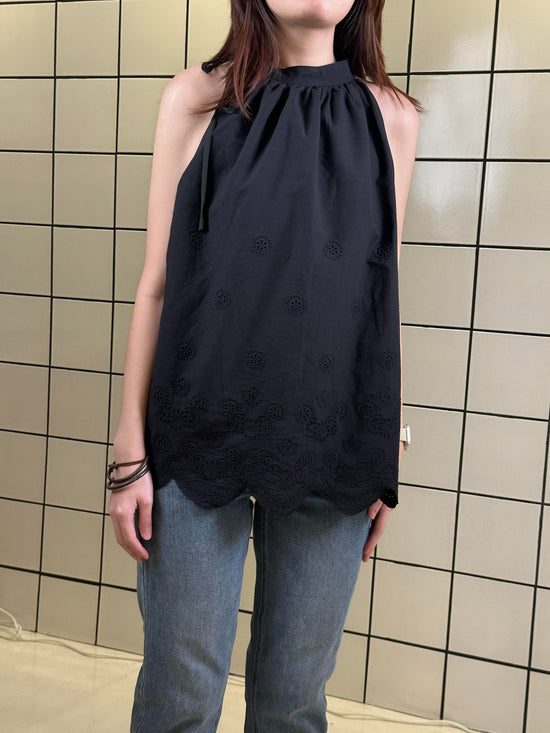 Women's Halter Neck Eyelet Embroidered Top – Classic Black