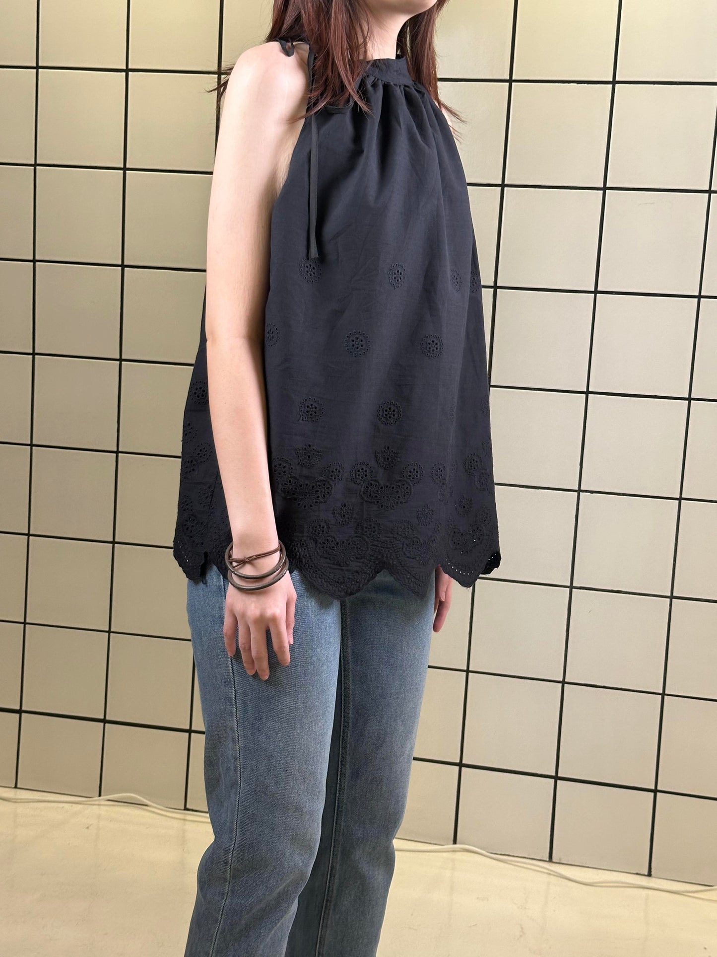 Women's Halter Neck Eyelet Embroidered Top – Classic Black