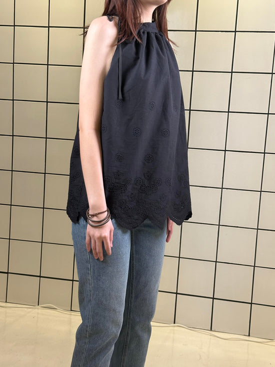 Women's Halter Neck Eyelet Embroidered Top – Classic Black