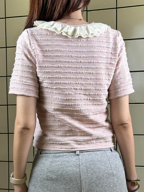 Women's Textured Lace Ruffle Neck Short Sleeve Top