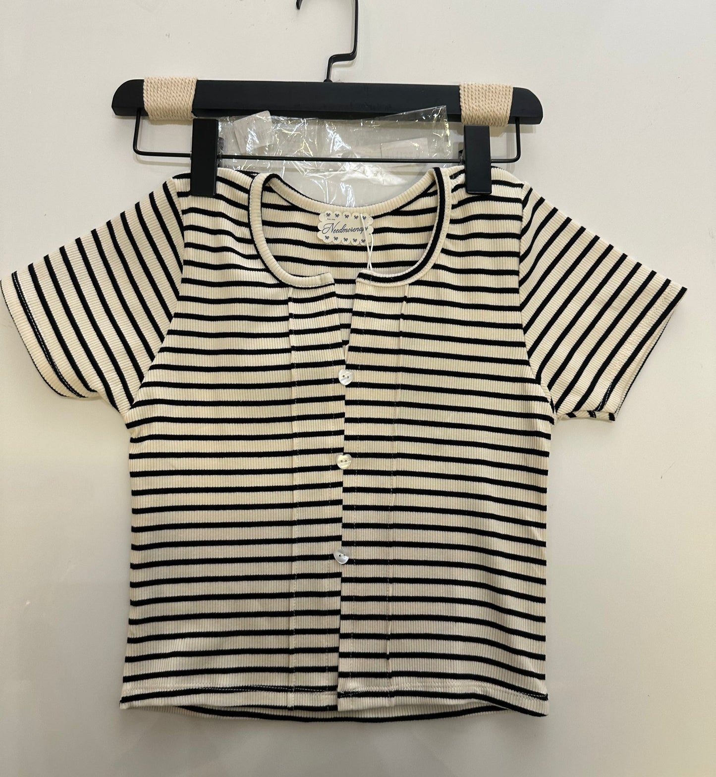 Ribbed Short Sleeve Button Front Top