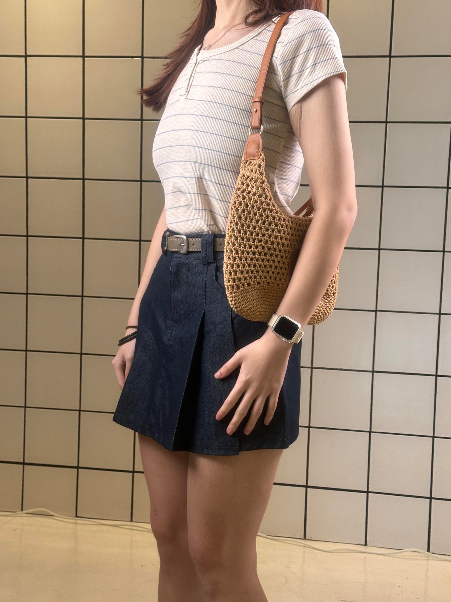 Women's Ribbed Stripe Henley Short Sleeve Top