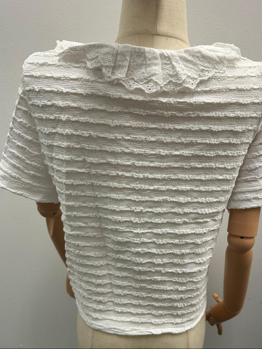 Women's Textured Lace Ruffle Neck Short Sleeve Top