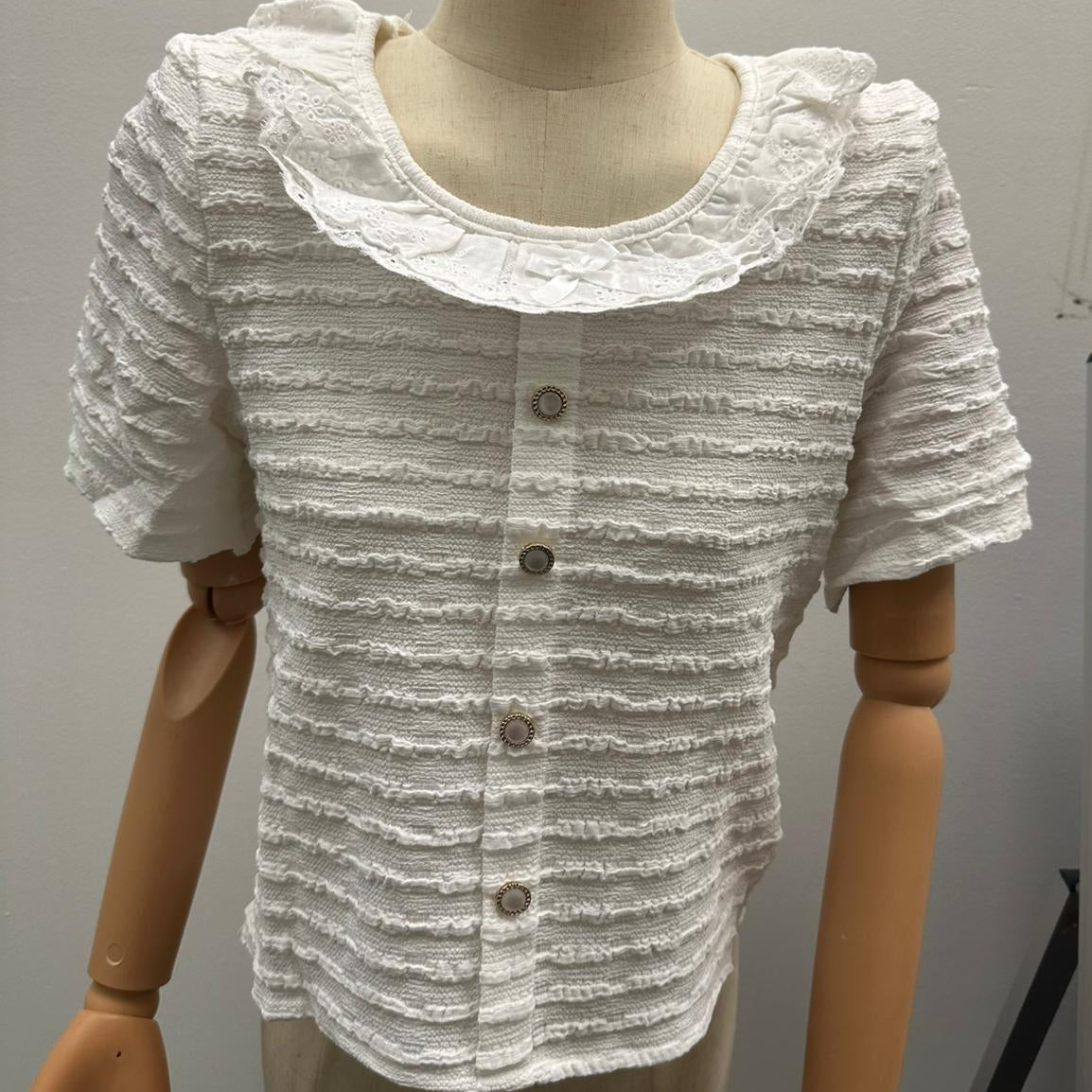 Women's Textured Lace Ruffle Neck Short Sleeve Top