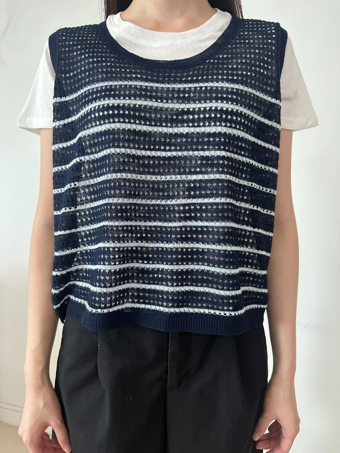 Striped Open-Knit Vest Layering Top