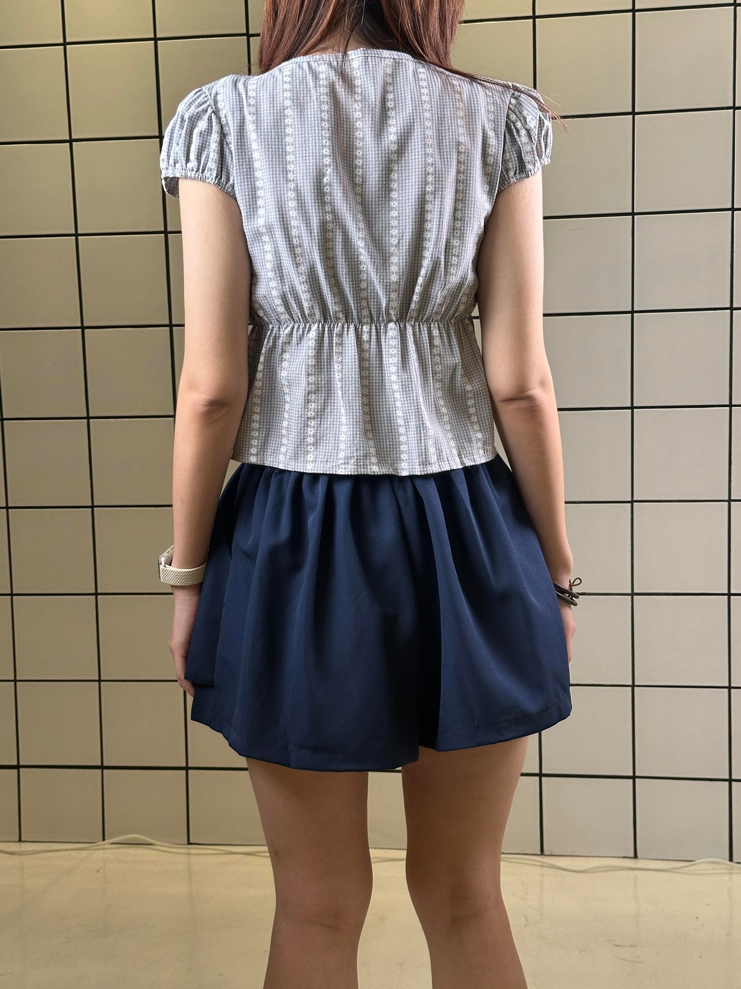 Women's Soft Grey Gingham Embroidered Tie Neck Top