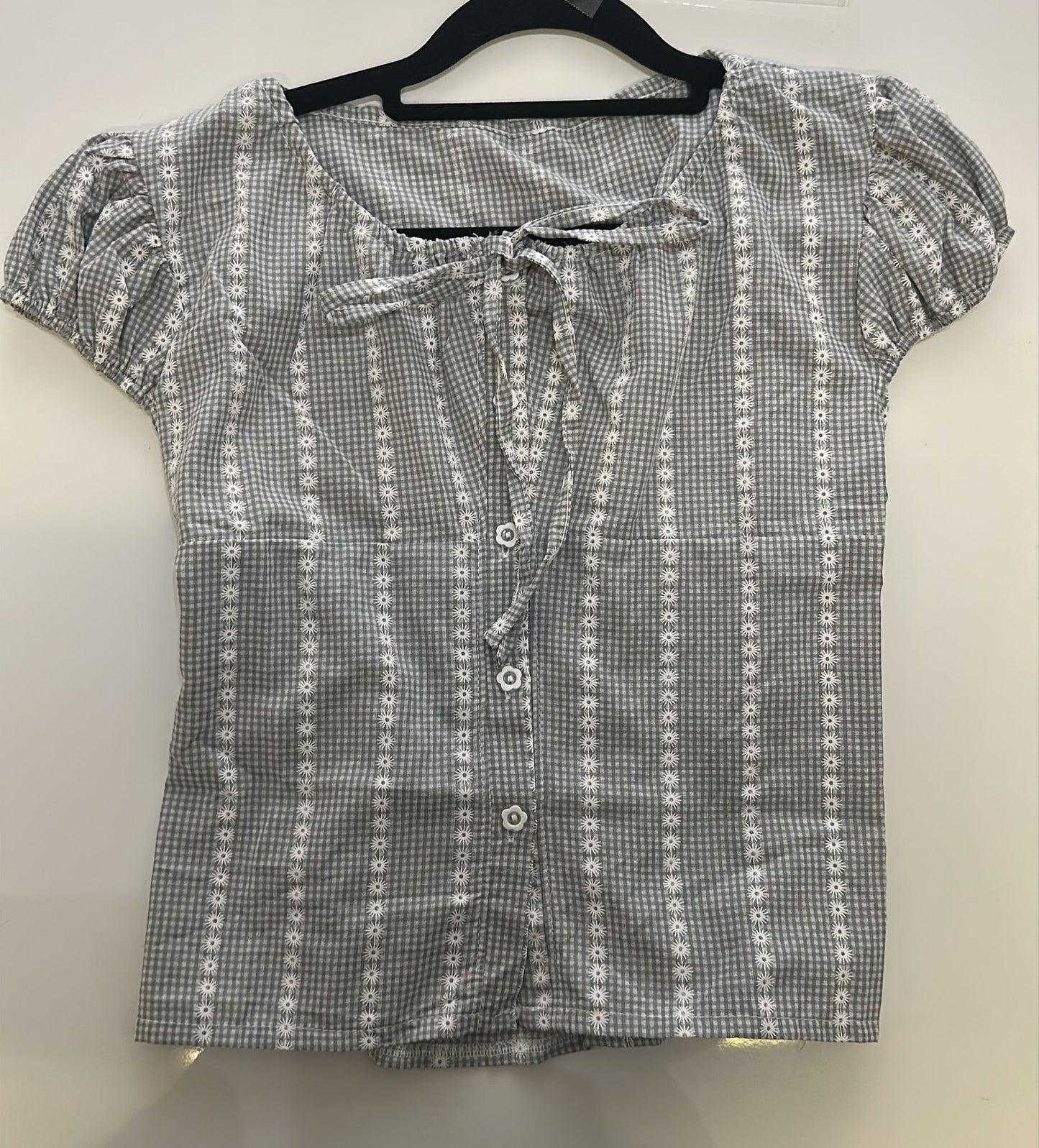 Women's Soft Grey Gingham Embroidered Tie Neck Top