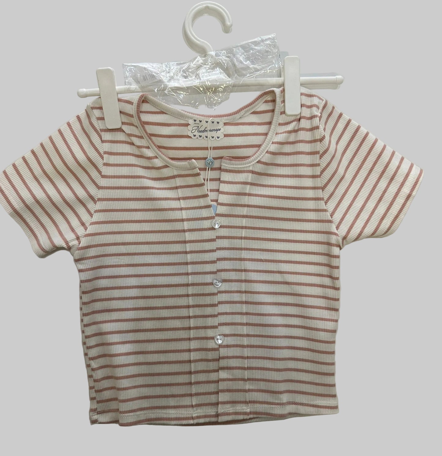 Ribbed Short Sleeve Button Front Top